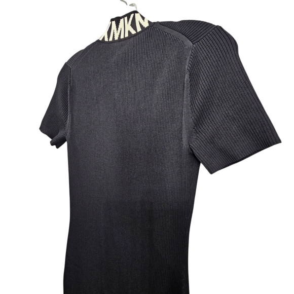 Nwot Michael Kors Black Ribbed Knit MK Logo Neckline Shortsleeve Zipfront Dress - Picture 16 of 17